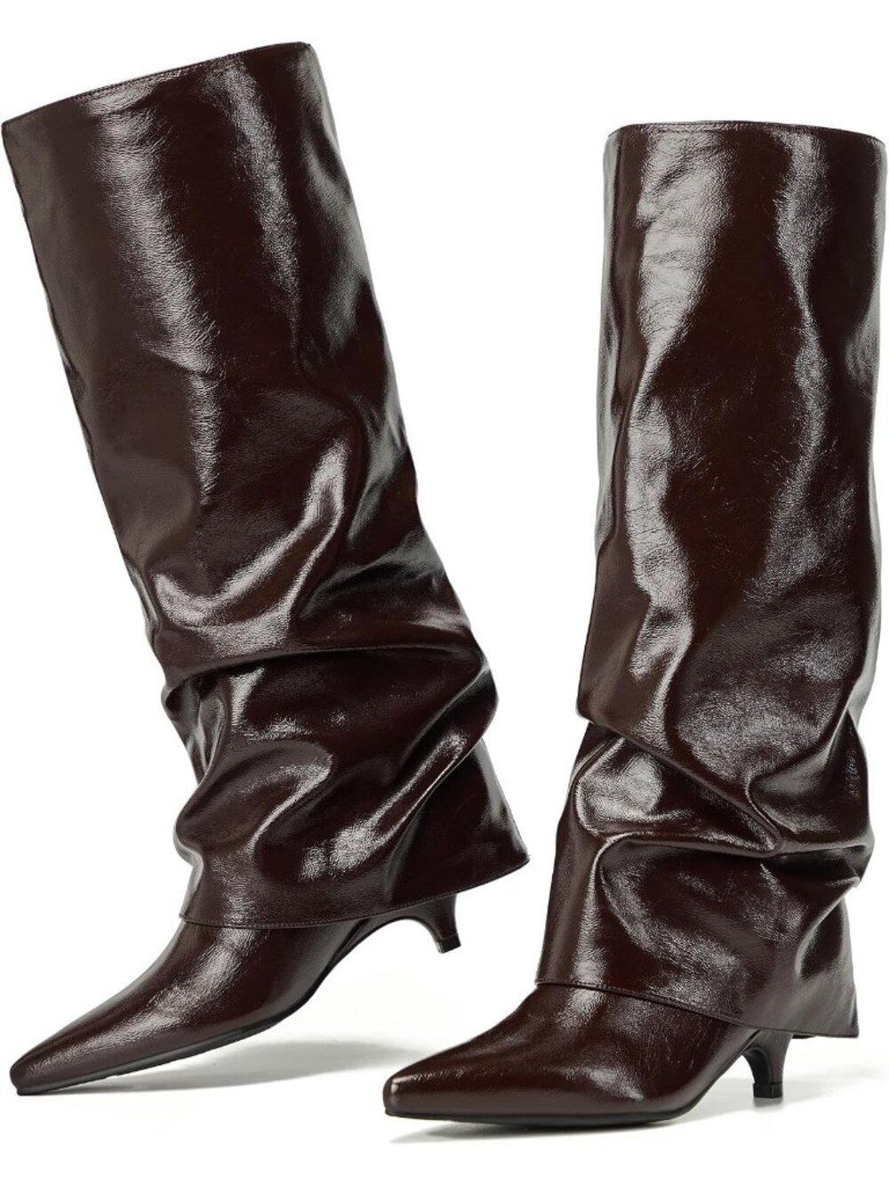 Women Brown Leather Pointed-Toe Fold Over Wide Calf Low Kitten Knee-High Boot